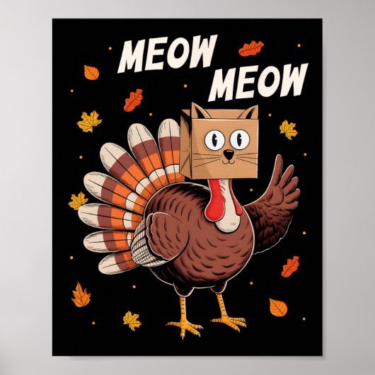 Poster Drôle de dîner de Thanksgiving Dinde Chat Miaou Th (Devant)