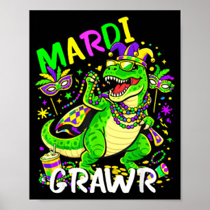 Poster Drôle de Mardi Grawr T-rex Dino Rétro Mardi Gras D