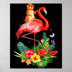 Poster Drôle de marmotte à cheval sur un flamant Fleurs F