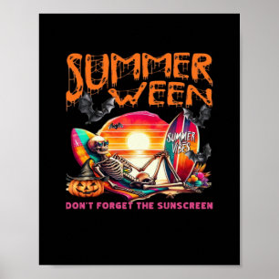 Poster Drôle Été Skeleton Sur Plage Au Coucher Du Soleil