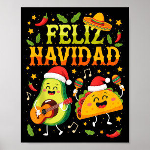 Poster Drôle Feliz Navidad Avocat Tacos Noël Mexicain