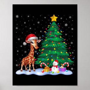 Poster Drôle Giraffe Xmas Lumières Arbre Reindeer Casquet