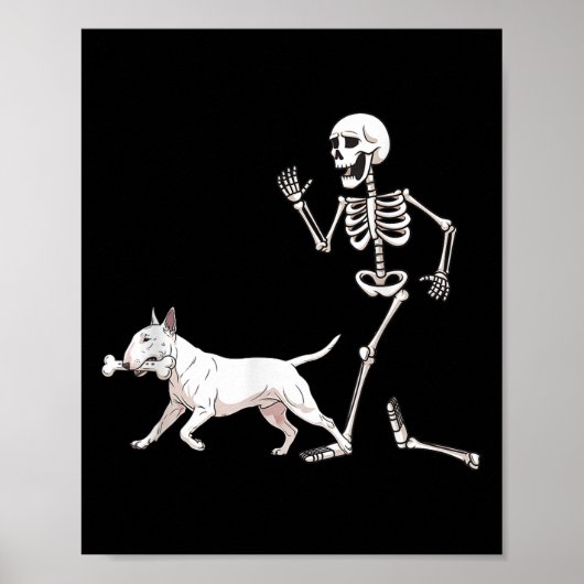 Poster Drôle Halloween Bull Terrier Et Skeleton (Devant)