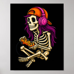 Poster Drôle Halloween Squelette Joueur Vidéo Jeu Filles