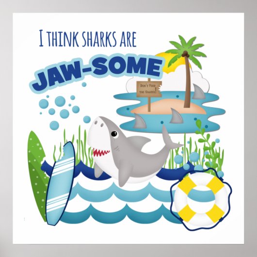 Poster Drôle Jawsome Shark Surfboard Plage Enfants (Devant)