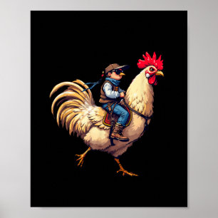 Poster Drôle Jockey Pixel Riding Jockey Poulet Sur Un Chi