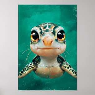 Poster Drôle jolie tortue verte