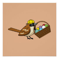 Drôle mignon oiseau avec panier d'oeufs colorés