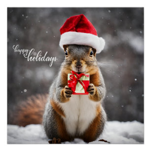Poster Drôle Noël Père Noël écureuil avec présent