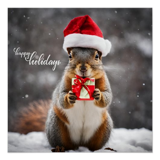 Poster Drôle Noël Père Noël écureuil avec présent (Devant)
