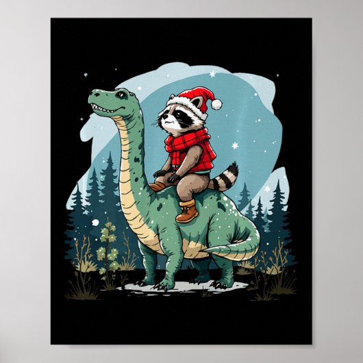 Poster Drôle Raccoon de Noël équitation Dinosaur Trex Ani (Devant)