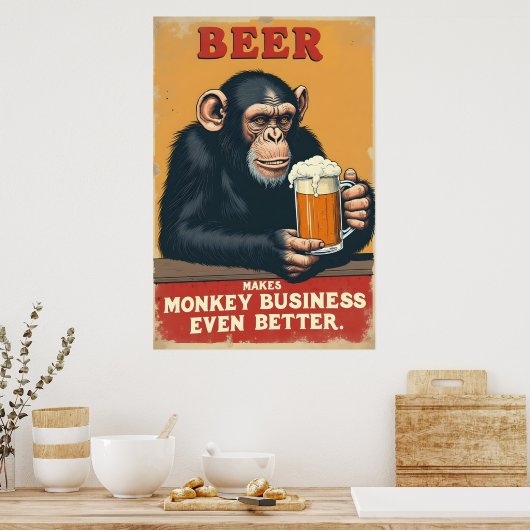 Poster Drôle Retro Monkey Beer Art - Makes Monkey Busines (Cuisine)