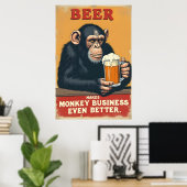 Poster Drôle Retro Monkey Beer Art - Makes Monkey Busines (Bureau à domicile)
