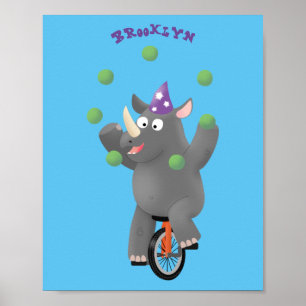 Poster Drôle rhinocéros mignon jonglant sur monocycle