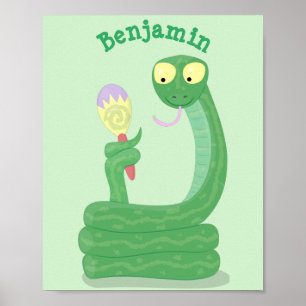Poster Drôle serpent vert avec caricature maraca