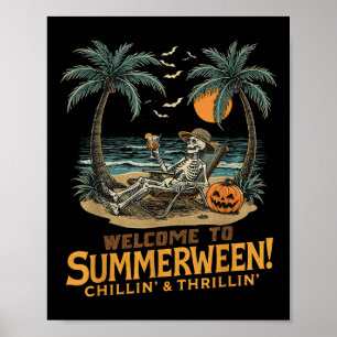 Poster Drôle Skeleton Beach Sunset Éffrayant Vacances Hal