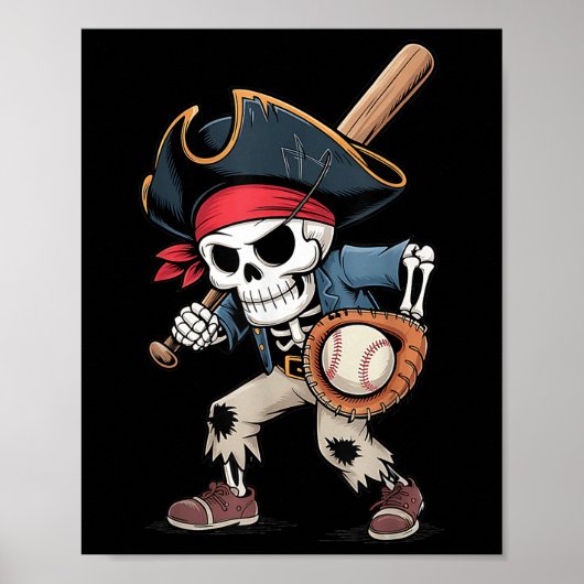 Poster Drôle Skeleton Pirate Baseball Halloween Costume B (Devant)