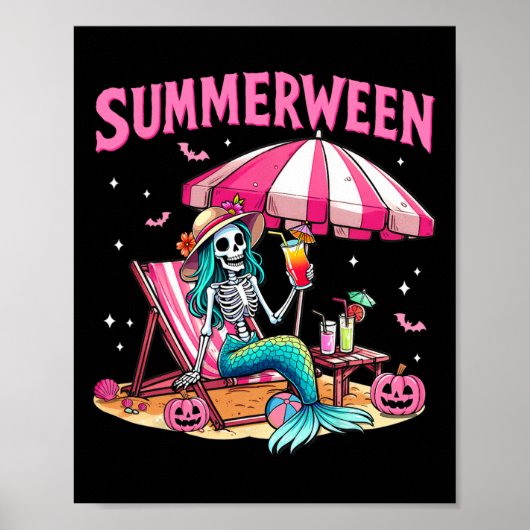 Poster Drôle Skeleton Summerween Mermaid Beach Halloween (Devant)
