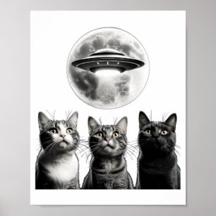 Poster Drôles de 3 chats effrayés lune ovni alien invasio