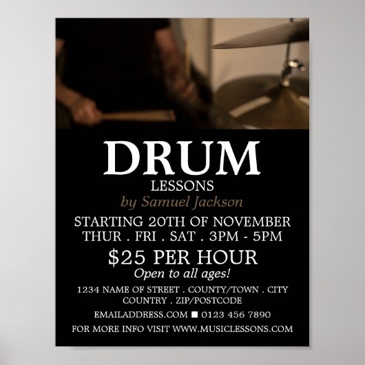 Poster Drummer, Cours de tambour Publicité (Devant)