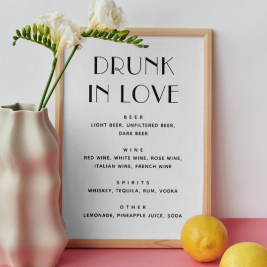 Poster Drunk in love. Boissons minimalistes mariages mode