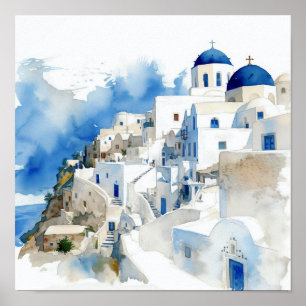 Poster du Carré de peinture aquarelle Santorini Gr