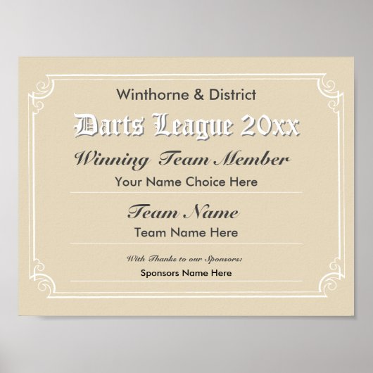 Poster du certificat de concours de fléchettes (Devant)