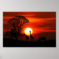 Poster du coucher de soleil de Giraffe et de Rhino
