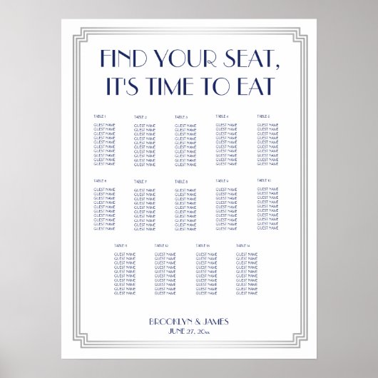 Poster du Mariage Argent Bleu Art Déco (Devant)