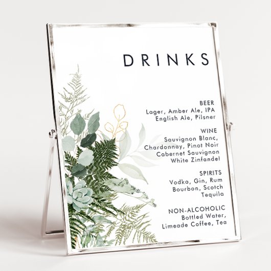Poster du menu de boissons Mariages vertes et feui