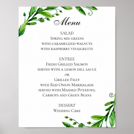 Poster du menu mariage vert. Menu du dîner d'été (Devant)