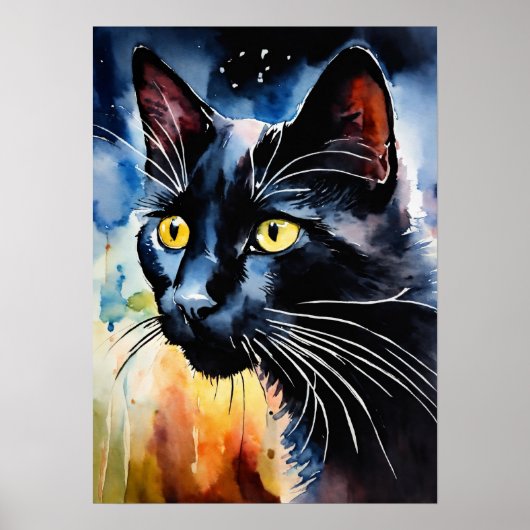 Poster du mur d'aquarelle de chat noir (Devant)