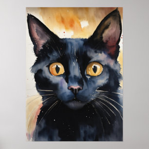 Poster du mur d'aquarelle de chat noir