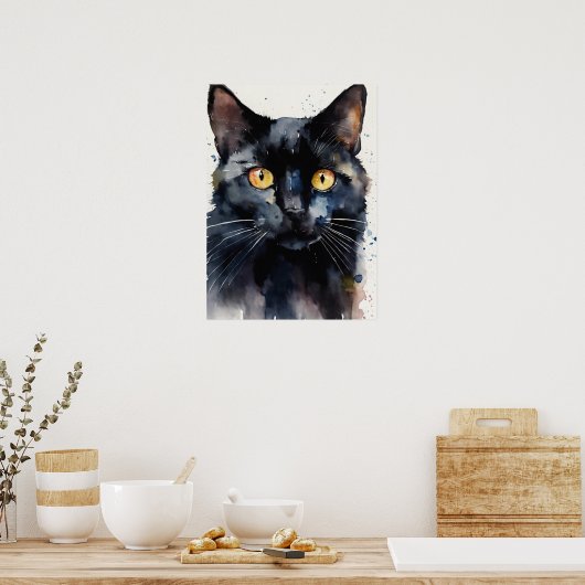 Poster du mur d'aquarelle de chat noir (Cuisine)