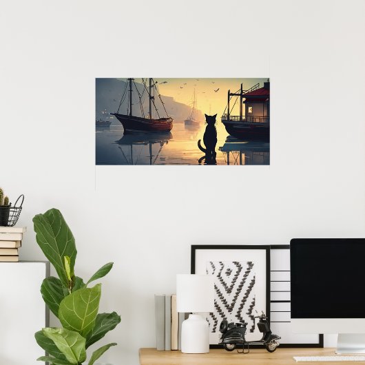 Poster du mur d'aquarelle de chat noir (Bureau à domicile)