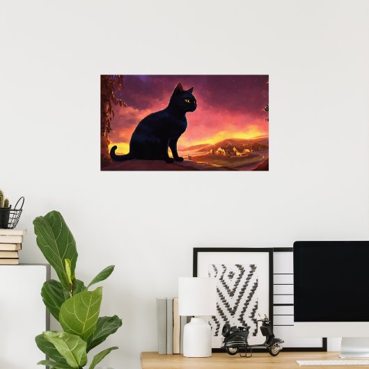 Poster du mur d'aquarelle de chat noir (Bureau à domicile)