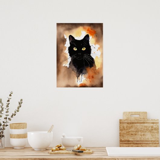 Poster du mur d'aquarelle de chat noir (Cuisine)