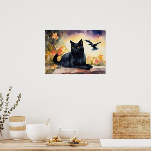Poster du mur d'aquarelle de chat noir (Cuisine)