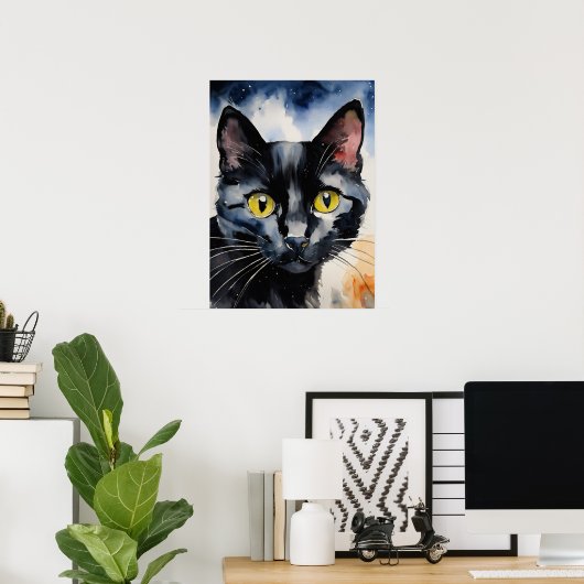 Poster du mur d'aquarelle de chat noir (Bureau à domicile)