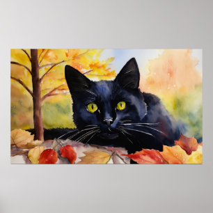 Poster du mur d'aquarelle de chat noir