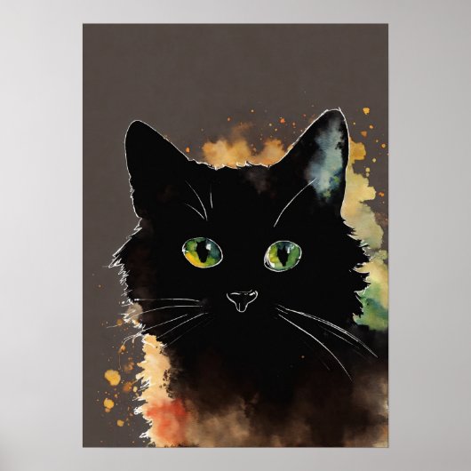Poster du mur d'aquarelle de chat noir (Devant)