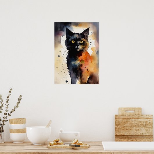Poster du mur d'aquarelle de chat noir (Cuisine)