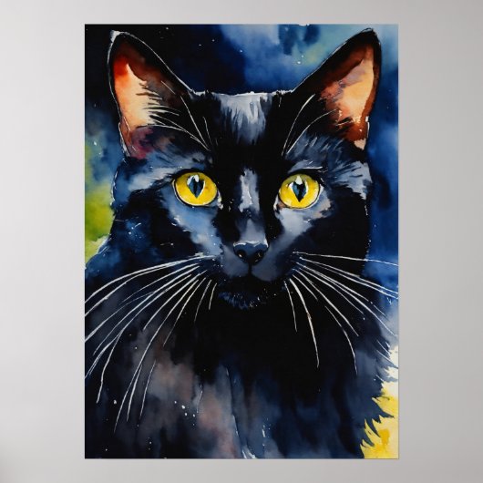 Poster du mur d'aquarelle de chat noir (Devant)