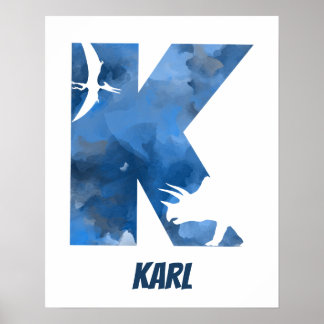 Poster du nom de l'enfant "K" Dinosaur Aquarelle b