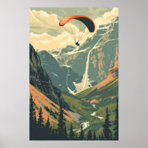 Poster du parapente vintage volant dans les montag