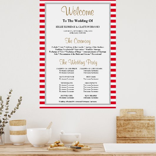 Poster du programme de mariage encadré rouge/blanc (Cuisine)