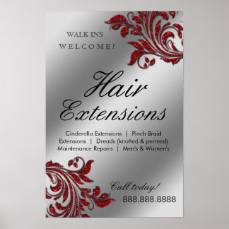 Poster du salon de coiffure Argent Rouge Feuilles 