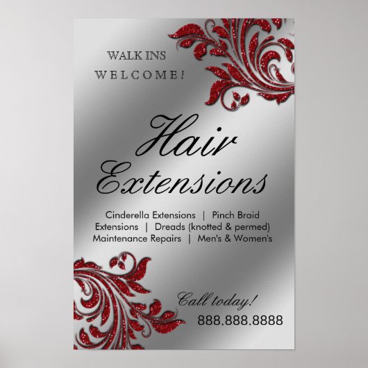 Poster du salon de coiffure Argent Rouge Feuilles  (Devant)