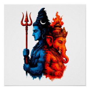 Poster Dualité Divine : T-Shirt Bleu Shiva & Ganesha