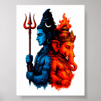 Poster Dualité Divine : T-Shirt Bleu Shiva & Ganesha